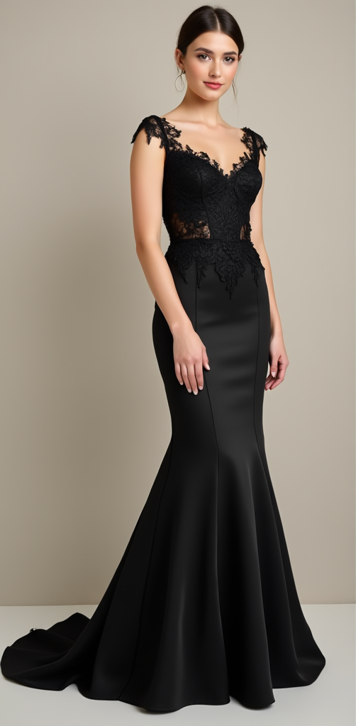 Sophisticated Black Mermaid Wedding Dress with Lace Bodice and Deep V-Back