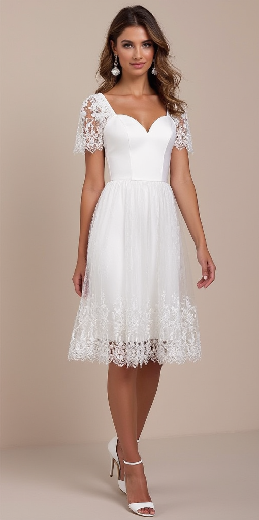 Romantic Tea-Length Wedding Dress with Lace Sleeves and Illusion Tulle Skirt