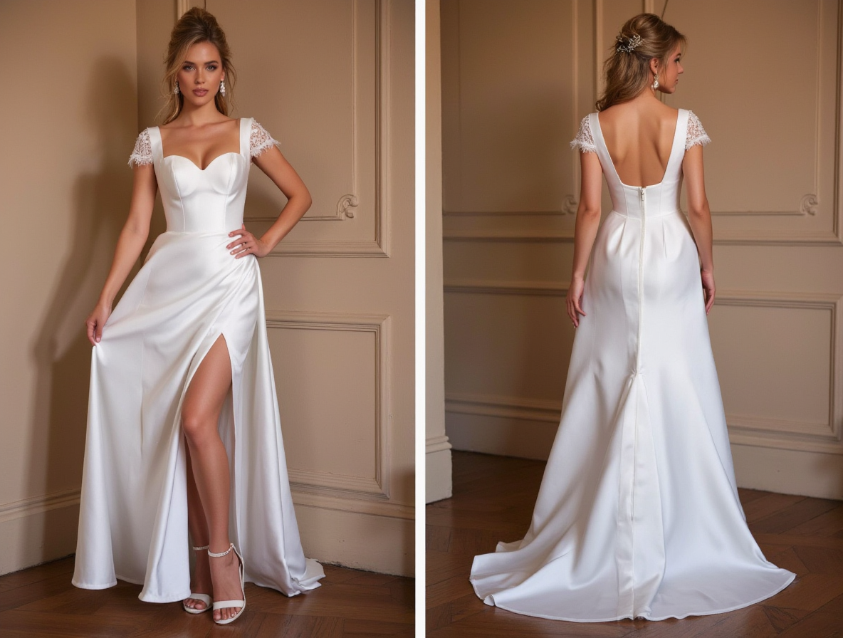 Satin Bridal Gown - Sweetheart Neckline with Slit and Lace Sleeves