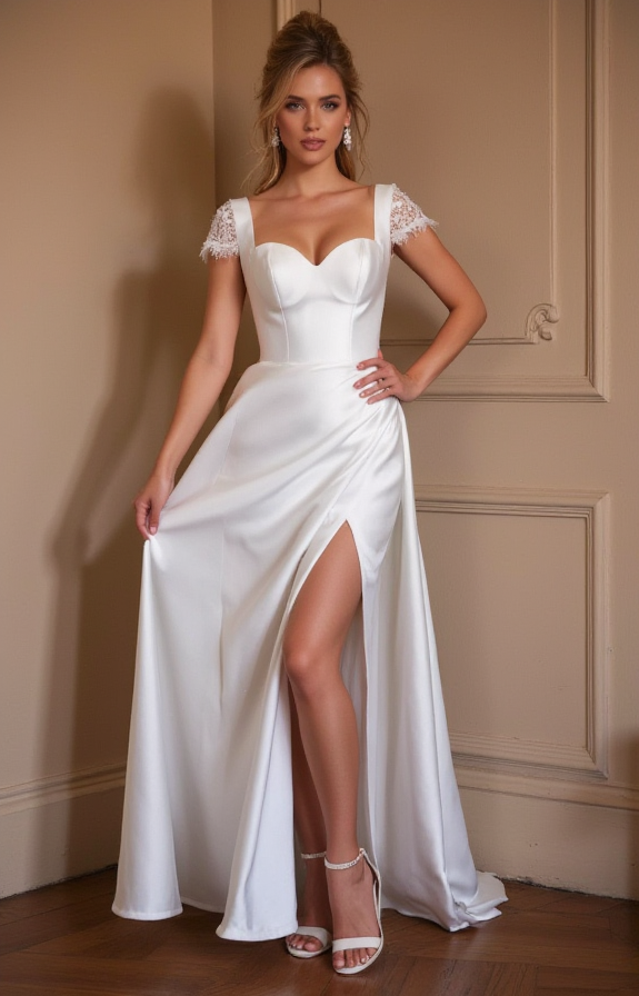 Satin Bridal Gown - Sweetheart Neckline with Slit and Lace Sleeves