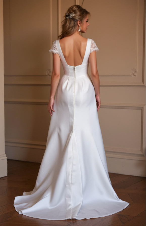 Satin Bridal Gown - Sweetheart Neckline with Slit and Lace Sleeves
