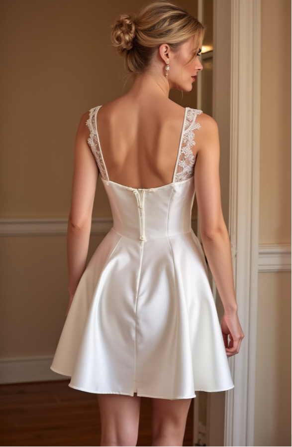 Short Satin Wedding Dress with Floral Lace Straps & Sweetheart Neckline