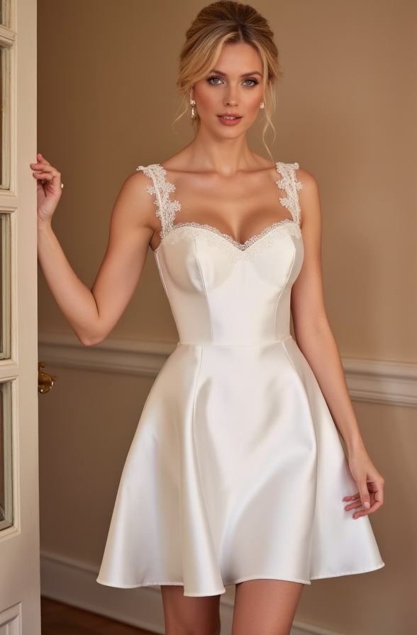 Short Satin Wedding Dress with Floral Lace Straps & Sweetheart Neckline