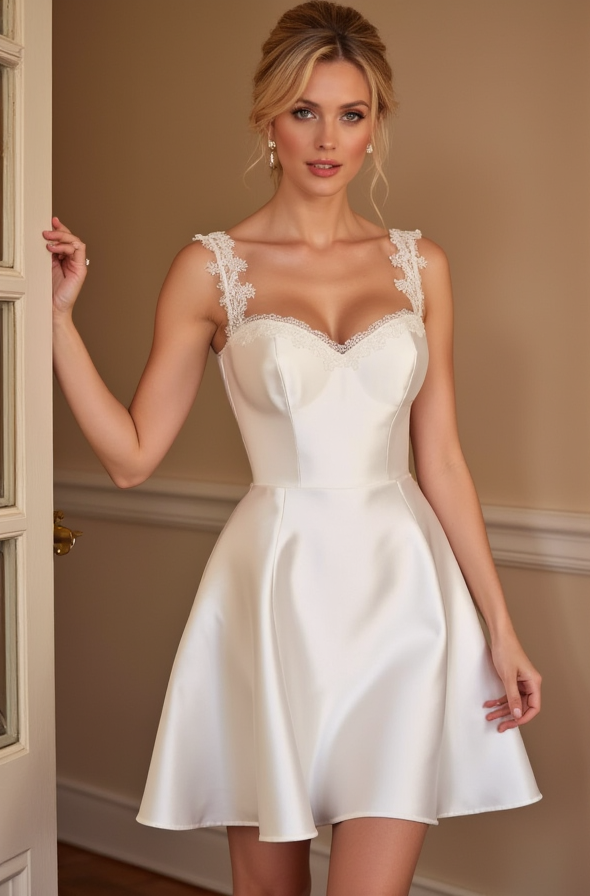 Short Satin Wedding Dress - Lace Straps & Sweetheart Neckline