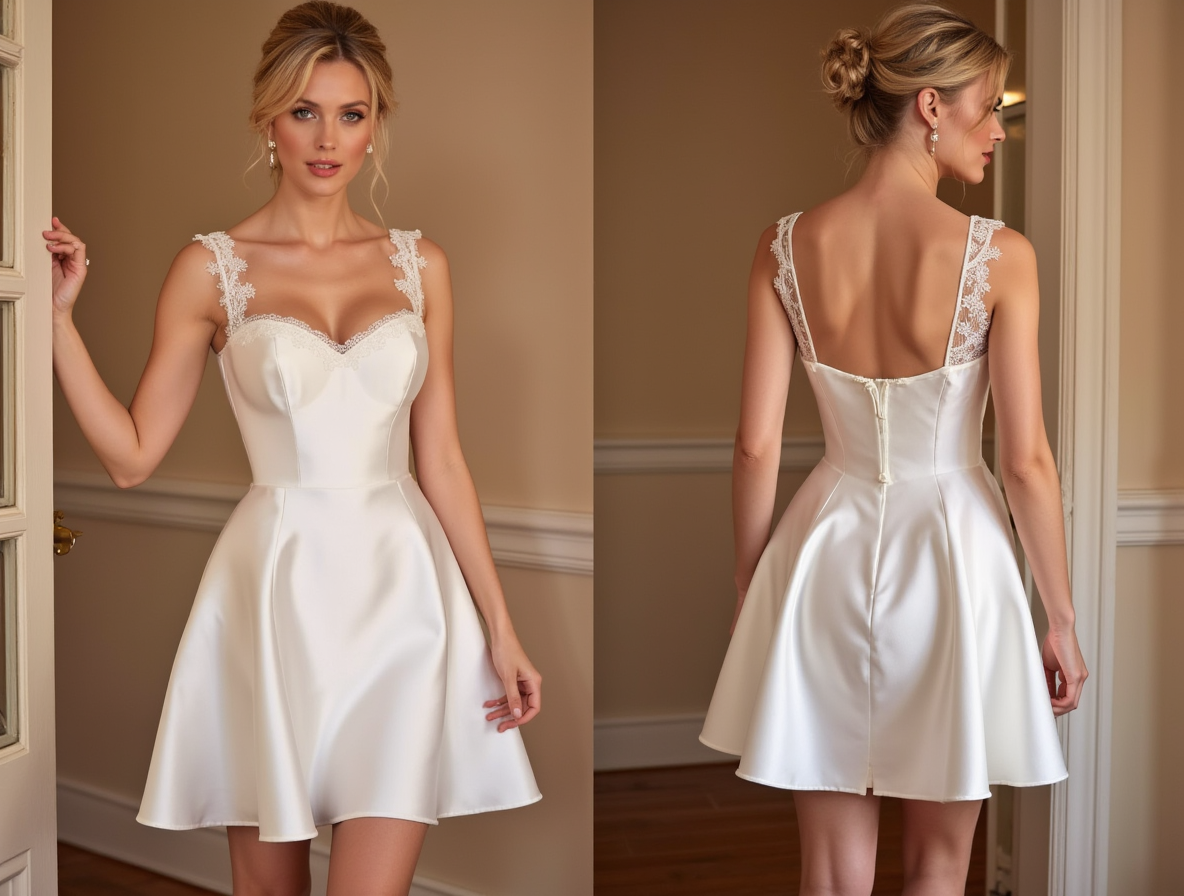 Short Satin Wedding Dress with Floral Lace Straps & Sweetheart Neckline