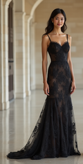 Elegant Black Lace Mermaid Wedding Dress with Sheer Illusion and Spaghetti Straps