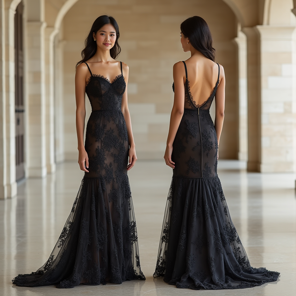 Elegant Black Lace Mermaid Wedding Dress with Sheer Illusion and Spaghetti Straps