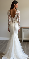 Elegant Long-Sleeve Lace Mermaid Wedding Dress with Deep V-Back