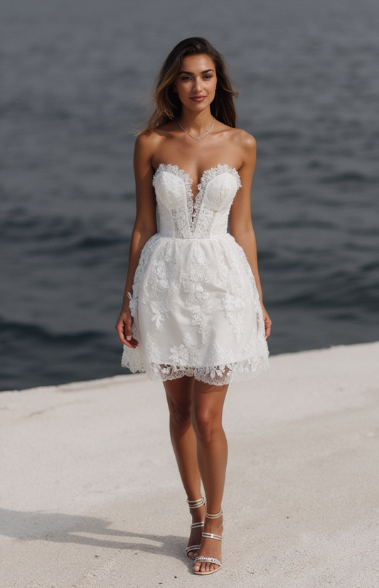 Mini Strapless Lace Wedding Dress for Beach Brides