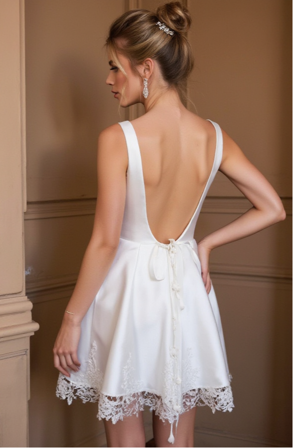 Short Satin Wedding Dress with Wide Straps, Lace Hem & Open Back