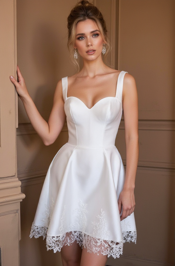 Short Satin Wedding Dress with Wide Straps, Lace Hem & Open Back