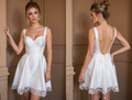 Short Satin Wedding Dress with Wide Straps, Lace Hem & Open Back