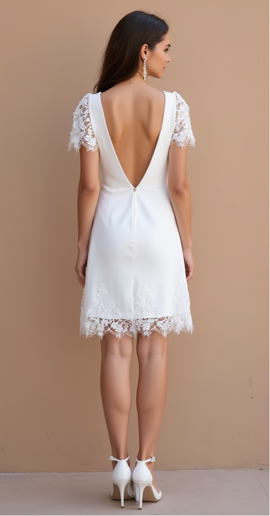 Chic Short Wedding Dress with Plunging Neckline, Lace Sleeves, and Open Back