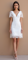 Chic Short Wedding Dress with Plunging Neckline, Lace Sleeves, and Open Back