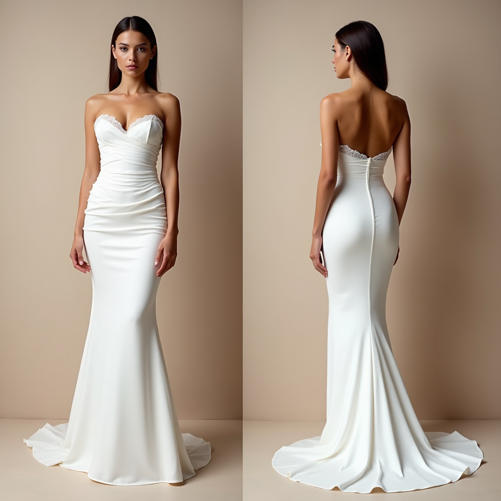 Elegant Strapless Satin Wedding Dress with Draped Bodice and Mermaid Silhouette