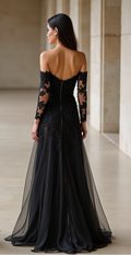 Gothic Black Lace Off-Shoulder Wedding Dress with Sheer Sleeves and Illusion Skirt