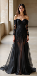 Gothic Black Lace Off-Shoulder Wedding Dress with Sheer Sleeves and Illusion Skirt