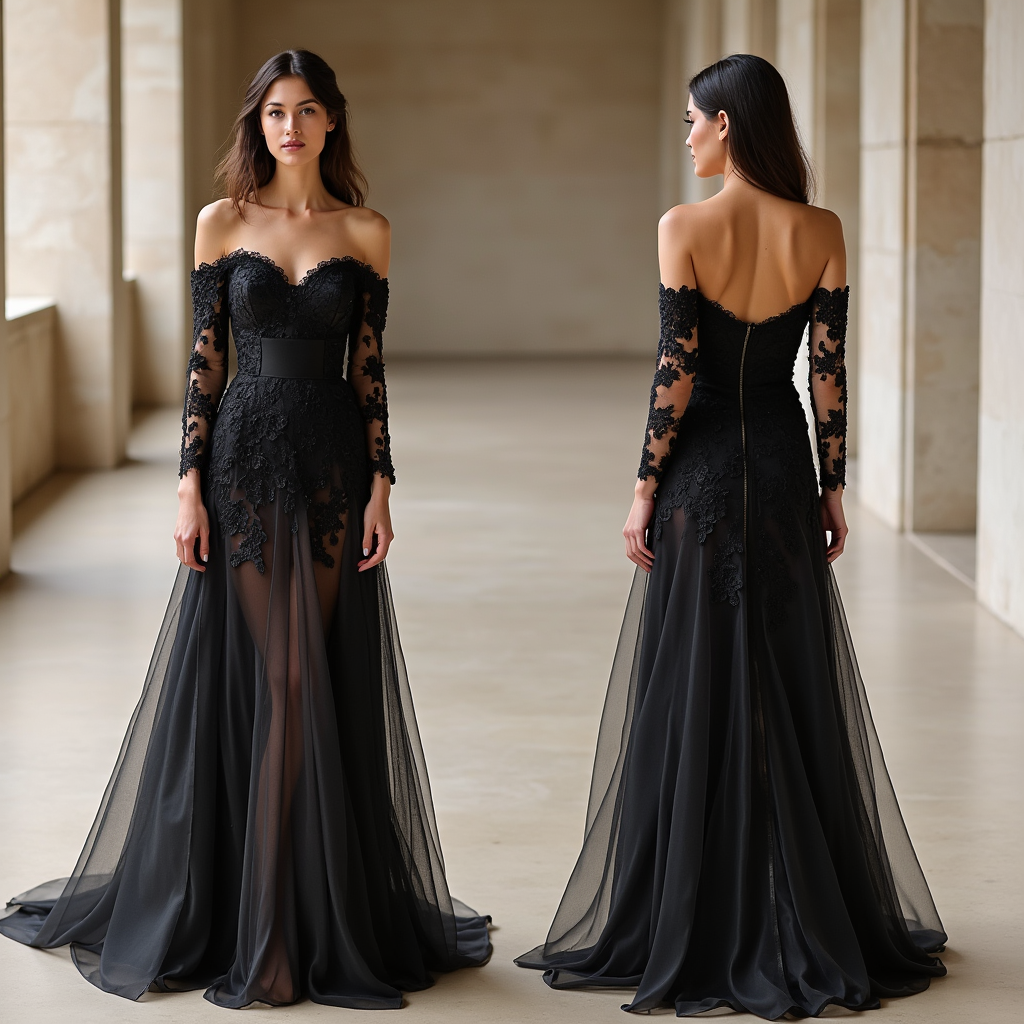 Gothic Black Lace Off-Shoulder Wedding Dress with Sheer Sleeves and Illusion Skirt