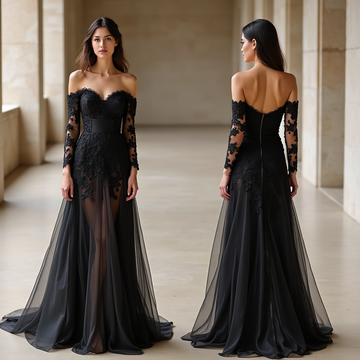 Gothic Black Lace Off-Shoulder Wedding Dress with Sheer Sleeves and Illusion Skirt