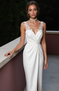 Sheath Wedding Dress with Lace Illusion Straps and Slit