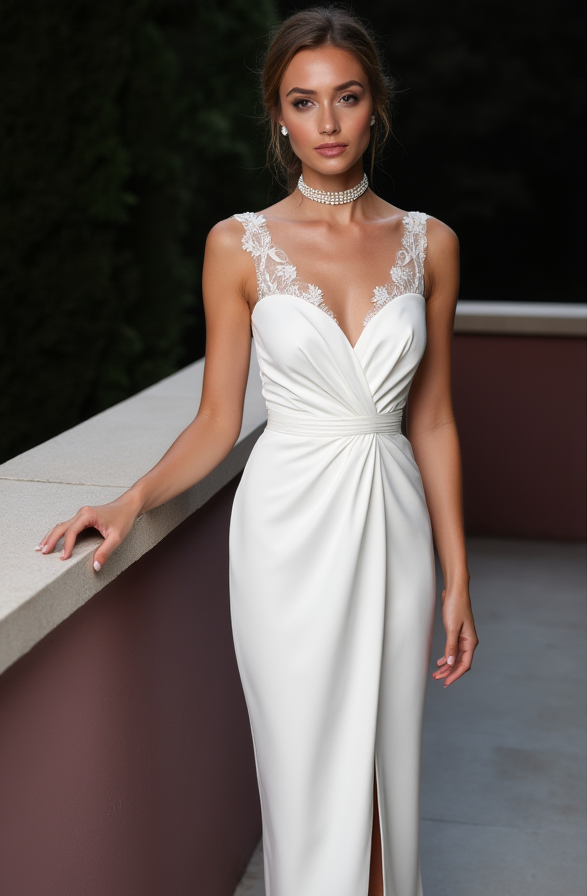 Sheath Wedding Dress with Lace Illusion Straps and Slit