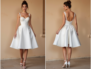 Tea-Length Satin Wedding Dress with Lace Straps & Corset Bodice