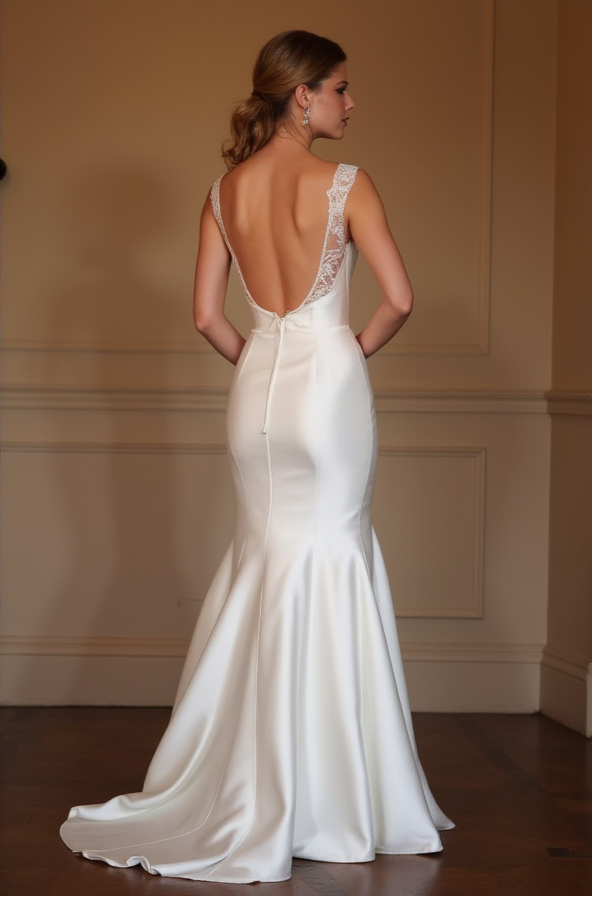 Elegant white satin mermaid gown with lace straps, fitted bodice, and low open back.