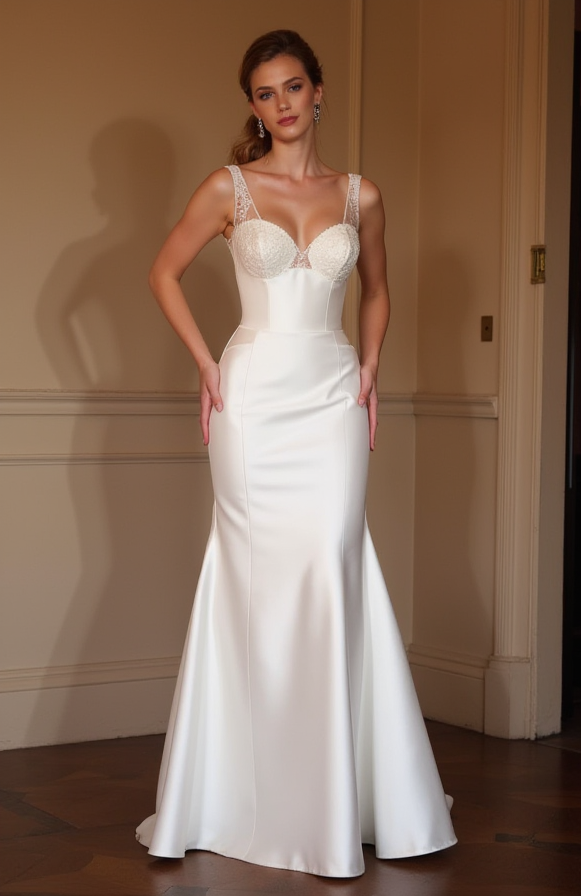 Elegant white satin mermaid gown with lace straps, fitted bodice, and low open back.