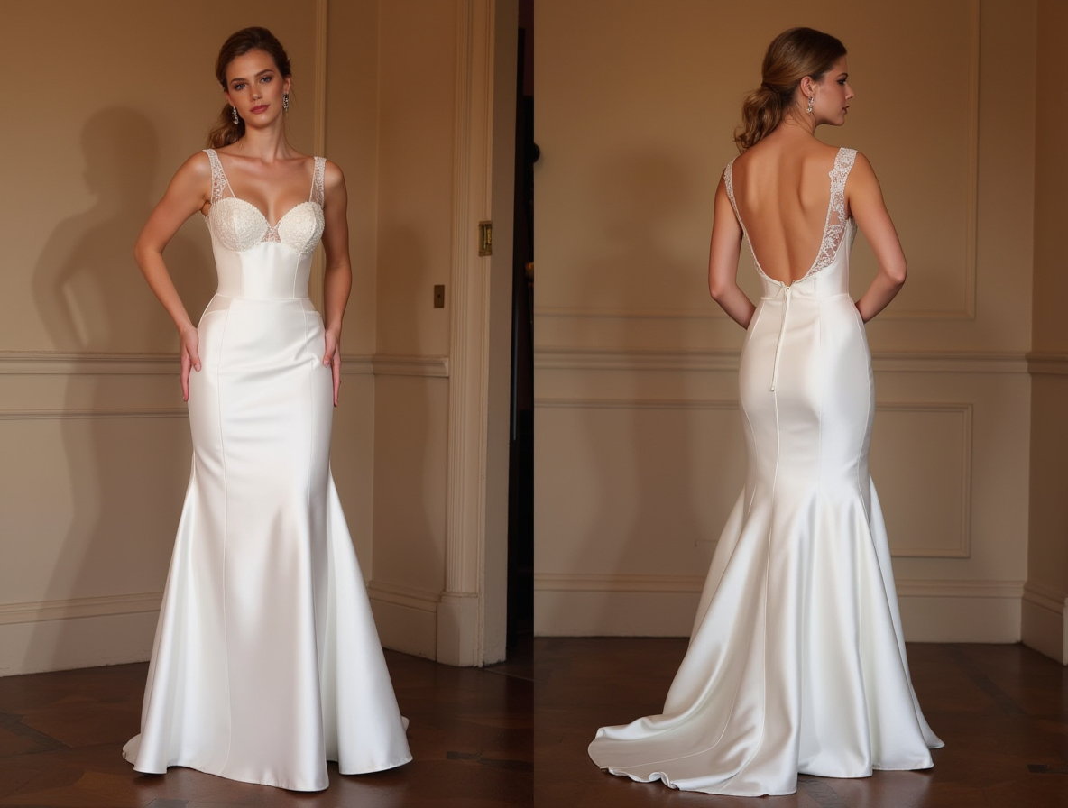 Elegant white satin mermaid gown with lace straps, fitted bodice, and low open back.