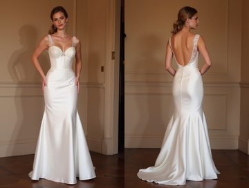 Elegant white satin mermaid gown with lace straps, fitted bodice, and low open back.