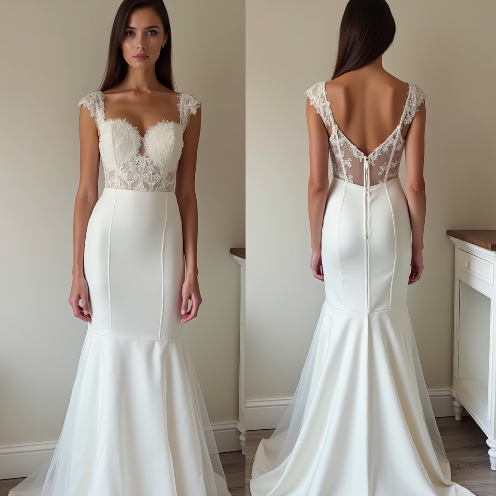 Modern Satin Mermaid Wedding Dress with Illusion Lace Bodice and Sheer Back