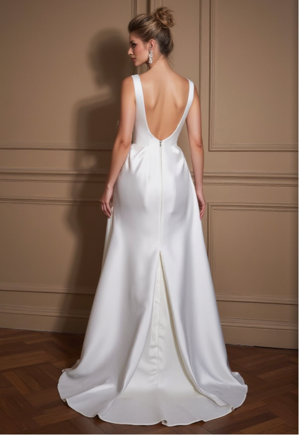 Satin Wedding Dress with Cap Lace Sleeves, Sweetheart Neckline & Side Slit