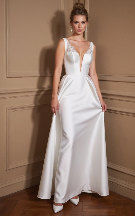 Satin Wedding Dress with Cap Lace Sleeves, Sweetheart Neckline & Side Slit
