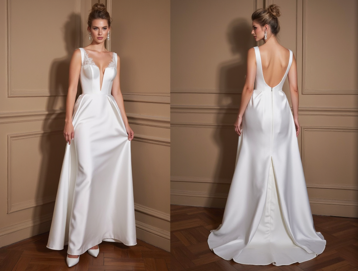 Satin Wedding Dress with Cap Lace Sleeves, Sweetheart Neckline & Side Slit