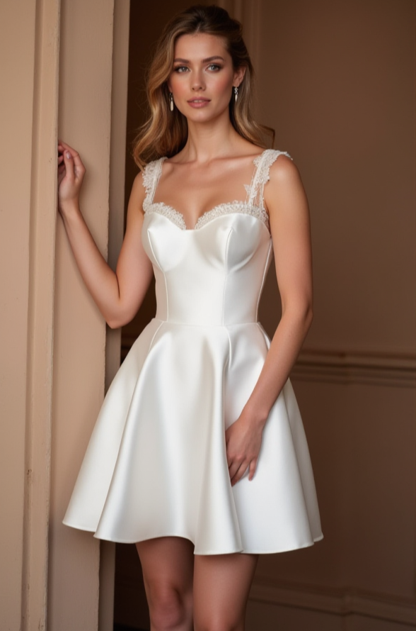 White Satin Mini Dress with Deep V-Back & Floral Lace Straps