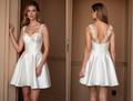 White Satin Mini Dress with Deep V-Back & Floral Lace Straps