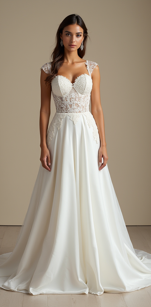 A stunning wedding dress with a lace bodice, cap sleeves, a sweetheart neckline, and a flowing chiffon A-line skirt – perfect for classic and modern brides.
فستان زفاف رائع مع كورسيه دانتيل، أكمام قصيرة، وياقة على شكل قلب، وتنورة A-line من الشيفون المنسدل – مثالي للعروس الكلاسيكية والعصرية.
Un impresionante vestido de novia con corpiño de encaje, mangas cortas, escote corazón y falda fluida en A-line de chifón – perfecto para novias clásicas y modernas.