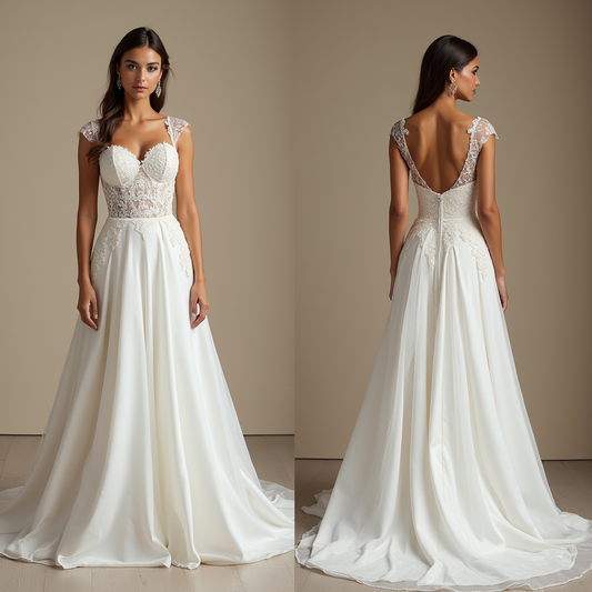 🔹 Lace chiffon wedding dress | فستان زفاف دانتيل وشيفون | Vestido de novia de encaje y chifón
🔹 Elegant A-line bridal gown | فستان زفاف A-Line أنيق | Vestido de novia elegante en A-Line
🔹 Illusion back lace wedding dress | فستان زفاف بظهر دانتيل وهمي | Vestido de novia con espalda ilusión de encaje
🔹 Romantic lace wedding dress | فستان زفاف رومانسي من الدانتيل | Vestido de novia romántico de encaje
🔹 Lightweight and flowy wedding dress | فستان زفاف خفيف ومنسدل | Vestido de novia ligero y fluido