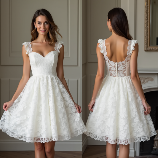 🔹 Short lace wedding dress | فستان زفاف قصير من الدانتيل | Vestido de novia corto de encaje
🔹 Casual bridal dress | فستان زفاف بسيط | Vestido de novia informal
🔹 Elopement wedding gown | فستان زفاف للهروب الرومانسي | Vestido de novia para fuga romántica
🔹 Modern mini bridal dress | فستان زفاف عصري قصير | Vestido de novia mini moderno
🔹 A-line lace wedding dress | فستان زفاف دانتيل بقصة A-Line | Vestido de novia de encaje en línea A

