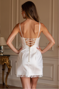 Short Satin Corset Wedding Dress with Spaghetti Straps & Lace Hem







