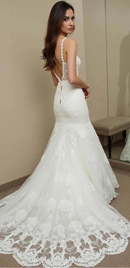 An elegant mermaid wedding gown featuring an open-back lace design with a cascading lace-trimmed train – ideal for timeless bridal looks.
فستان زفاف حورية أنيق يتميز بتصميم ظهر مفتوح بالدانتيل مع ذيل ساحر مزين بالدانتيل – مثالي للإطلالات الكلاسيكية الخالدة.
Un vestido de novia sirena elegante con diseño de espalda abierta en encaje y una cola fluida decorada – ideal para un look nupcial atemporal.

