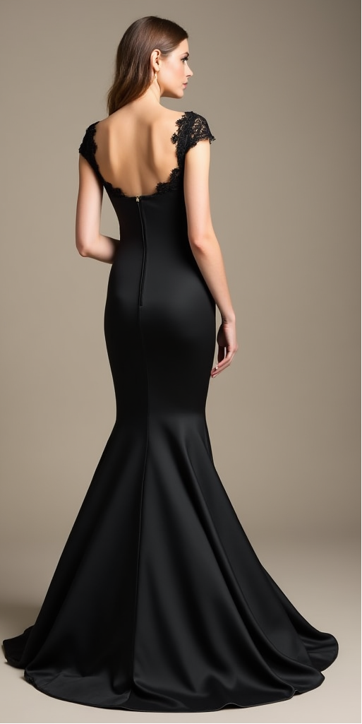Elegant black wedding gown with a captivating open-back design, lace detailing, and a mermaid-style satin skirt with a flowing train – ideal for unconventional and gothic weddings.
فستان زفاف أسود أنيق مع تصميم ظهر مفتوح مذهل، مزين بالدانتيل، وتنورة حورية انسيابية بلمسة درامية – مثالي للزفاف غير التقليدي والقوطي.
Vestido de novia negro sofisticado con espalda abierta, detalles de encaje y una falda de sirena de satén con cola fluida – perfecto para bodas alternativas y góticas.

