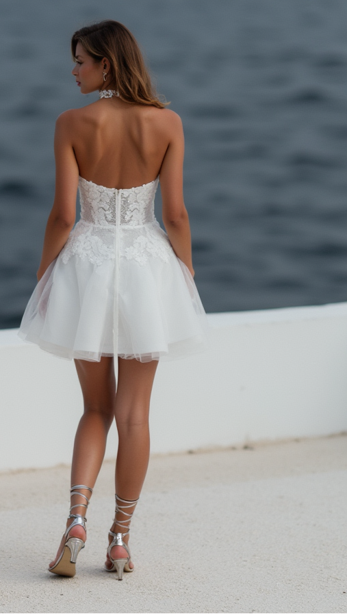  Short Lace Appliqué Wedding Dress with Tulle Skirt