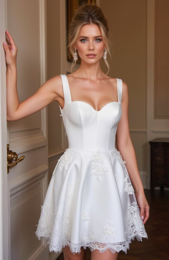 Short Satin Lace Wedding Dress – Mini Bridal Gown with Sweetheart Neckline
