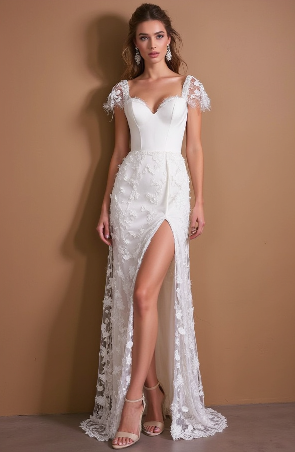 Lace Wedding Dress with Cap Sleeves, Sweetheart Neckline & High Slit