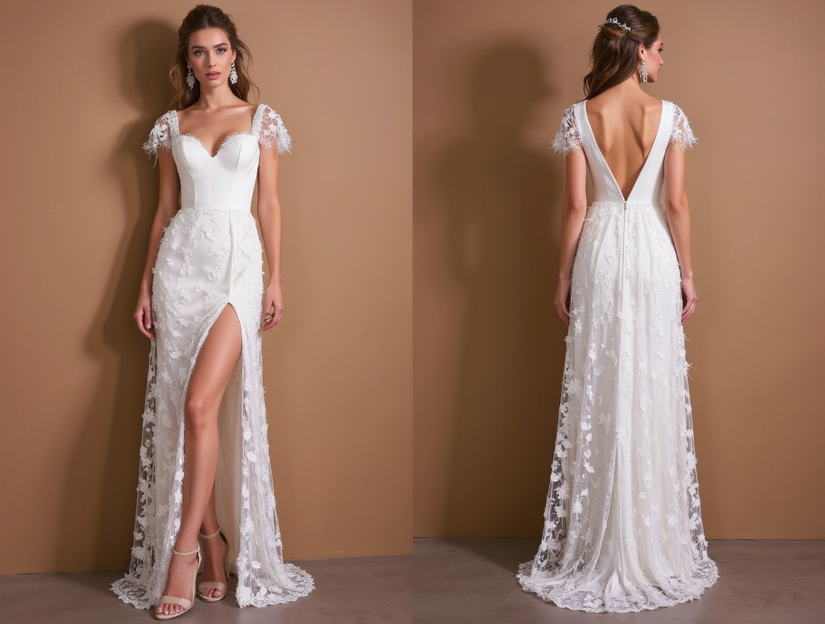 Lace Wedding Dress with Cap Sleeves, Sweetheart Neckline & High Slit