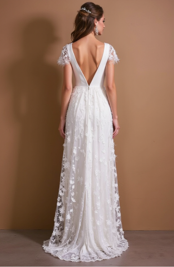 Lace Wedding Dress with Cap Sleeves, Sweetheart Neckline & High Slit