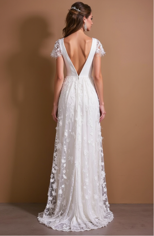 Lace wedding gown with sheer floral overlay, deep V-back, and front slit.