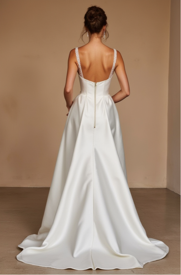 Short Satin Wedding Dress with Lace Bodice & Detachable Overskirt