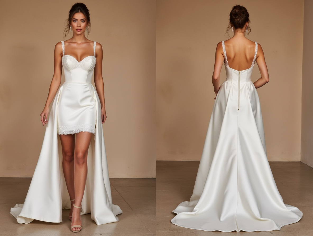 Detachable Train Wedding Dress - Short Satin Skirt with Lace Straps & Corset Top